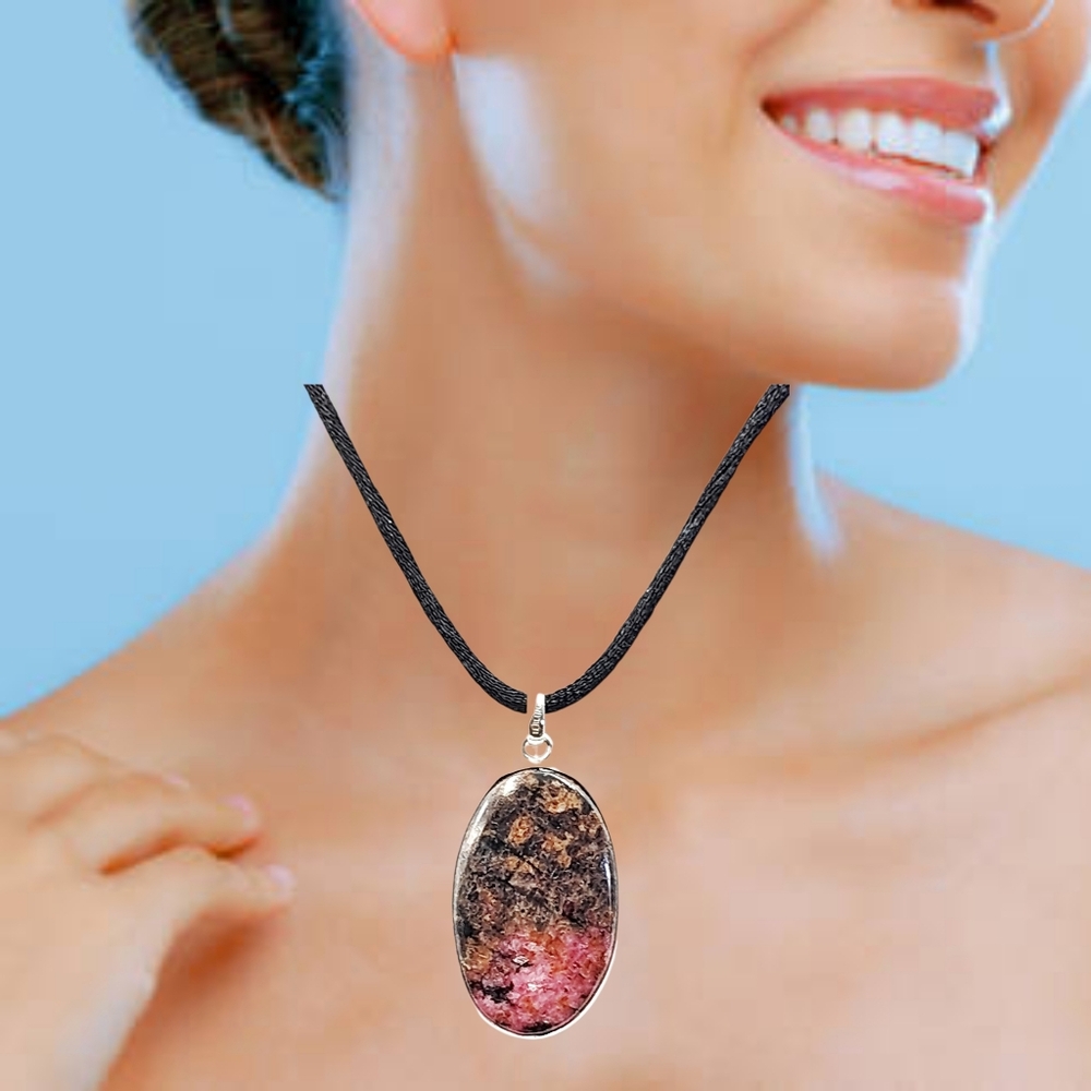 Artisan Sterling Strawberry Rhodonite Oval Pendant (2") with Black Cord Necklace